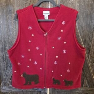 Breckenridge Vest Women's Size XL Red Fleece Snowflakes Stars Bear Applique Zip